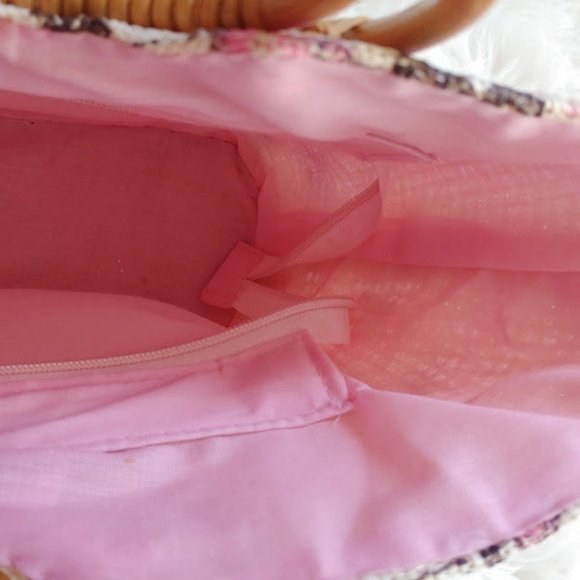 *no tag VINTAGE style purse handbag w burlap texture rattan handle pink & cream - Picture 15 of 16